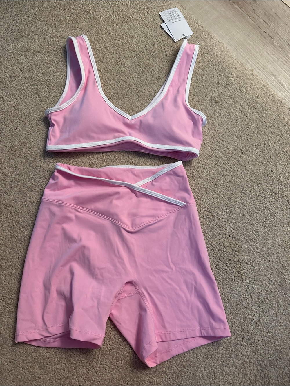 Pink Athletic Bralette & High-Waist Biker Shorts Set